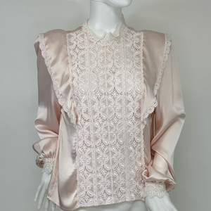 Vintage San Andre Baby Pink Satin & Lace Button‎ Down Blouse